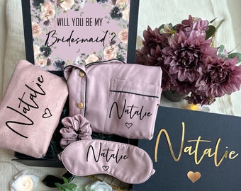 Pale Mauve & Black Themed Personalized Bridesmaid Proposal Box or Thank you Gift Box with Ruffle Robes or Pjs, Will You Be My Bridesmaid Box