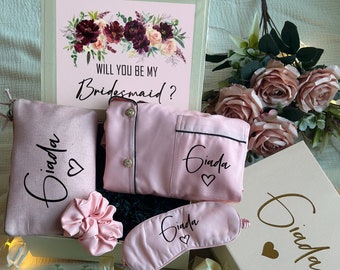Blush Burgundy Theme Personalized Bridesmaid Proposal Box or Thank you Gift Box with Ruffle Robes or Pjs, Will You Be My Bridesmaid Box