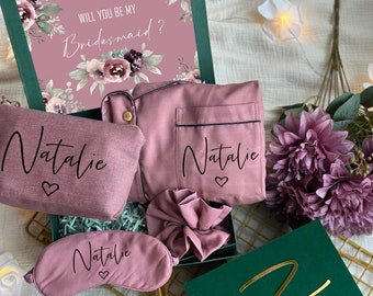 Mauve and Green Themed Personalized Bridesmaid Proposal Box or Thank you Gift Box with Ruffle Robes or Pjs, Will You Be My Bridesmaid Box