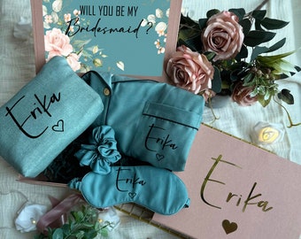 Rose Gold and Sage Themed Personalized Bridesmaid Proposal Box or Thank you Gift Box with Ruffle Robes or Pjs, Will You Be My Bridesmaid Box