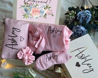 Blush & Dusty Blue Themed Personalized Bridesmaid Proposal Box or Thank you Gift Box with Ruffle Robes or Pjs, Will You Be My Bridesmaid Box