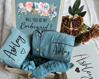 Sage & Blush Themed Personalized Bridesmaid Proposal Box or Thank you Gift Box with Ruffle Robes or Pjs, Will You Be My Bridesmaid Box