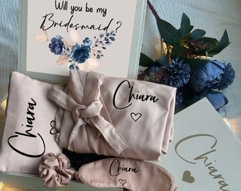 Gold & Dusty Blue Themed Personalized Bridesmaid Proposal Box or Thank you Gift Box with Ruffle Robes or Pjs, Will You Be My Bridesmaid Box