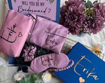 Navy Blue & Mauve Themed Personalized Bridesmaid Proposal Box or Thank you Gift Box with Ruffle Robes or Pjs, Will You Be My Bridesmaid Box