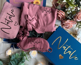 Navy Blue & Mauve Themed Personalized Bridesmaid Proposal Box or Thank you Gift Box with Ruffle Robes or Pjs, Will You Be My Bridesmaid Box