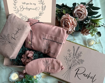 Boho Botanical Themed Personalized Bridesmaid Proposal Box or Thank you Gift Box with Ruffle Robes or Pjs, Will You Be My Bridesmaid Box