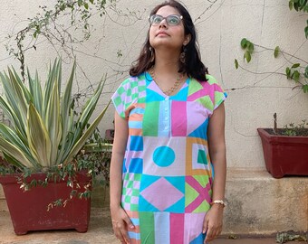 Nursing Dress Geometric Love Maternity Lounge Dress Soft Jersey Organic Cotton Full length Sleep Shirt with pockets House Dress
