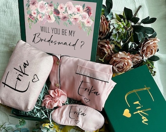 Blush & Dark Green Themed Personalized Bridesmaid Proposal Box or Thank you Gift Box with Ruffle Robes or Pjs, Will You Be My Bridesmaid Box