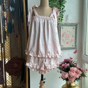 Silk Ruffle Ribbon Tie Tank PJ Sets - Bridesmaids Getting Ready Outfits