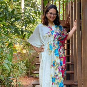 Floral Leafy Bordered Caftan - Softest Cotton free flowing kaftan dress - Perfect as house dress, lounge wear, beachwear, muumuu, mumu