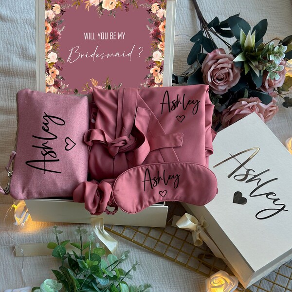 DesertRose & Ivory Themed Personalized Bridesmaid Proposal Box or Thank you Gift Box with Ruffle Robes or Pjs, Will You Be My Bridesmaid Box