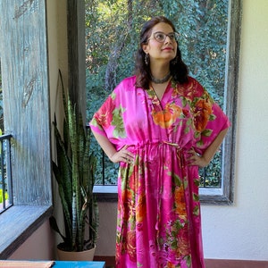 Silk Large Floral Blossom Kaftan - Pajamas to live in, beachwear Caftan, spa robe..make great Anniversary or Birthday gifts, new mom Gift