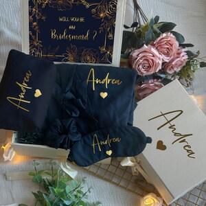Zwart goud gepersonaliseerde bruidsmeisje voorstel doos of dank u geschenkdoos met ruches gewaden of pyjama's, zult u mijn bruidsmeisje doos zijn, naam geschenkdoos