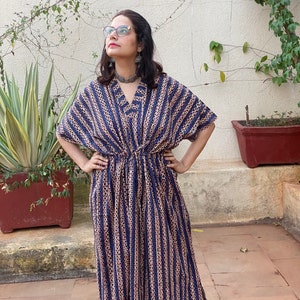 Organic Cotton Hand-Blocked Blue Geometric Caftan