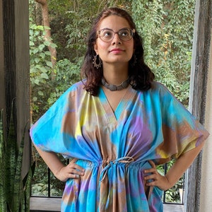 Batik Watercolor Caftan - Softest Cotton free flowing kaftan dress - Perfect as house dress, lounge wear, beachwear, muumuu, mumu