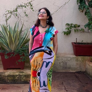 Vibrancy Lounge Dress | Oversized Dress | Jersey Organic Cotton | House Dress | Full length Sleep Shirt & pockets | Shift Dress
