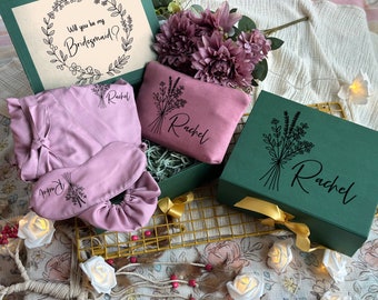 Boho Botanical Themed Personalized Bridesmaid Proposal Box or Thank you Gift Box with Ruffle Robes or Pjs, Will You Be My Bridesmaid Box