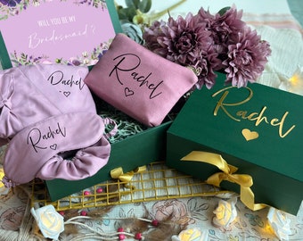 Mauve and Green Themed Personalized Bridesmaid Proposal Box or Thank you Gift Box with Ruffle Robes or Pjs, Will You Be My Bridesmaid Box