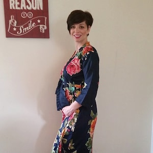 Navy Blue Large Floral Ankle length Maternity Robe | Hospital Gown, Labor gown, Delivery gown, nursing mothers,Pregnancy robe, Long Robe