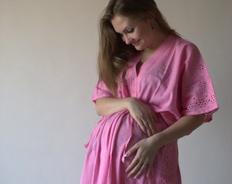 Pink Eyelet Buttoned Hospital Gown Delivery Kaftan Perfect as labor delivery nursing gown to be moms Baby shower photo prop