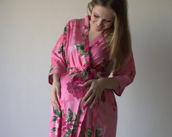 Coral Fuchsia Floral Ankle length Maternity Robe Hospital Gown Labor gown Delivery gown nursing mothers to be moms Pregnancy robe