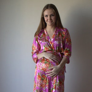 Pinky Lilac Silk Floral Posy Ankle length Maternity Robe | Hospital Gown, Labor gown, Delivery gown, nursing mothers, Pregnancy robe