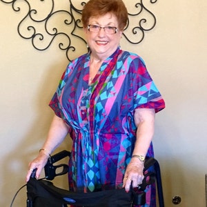 Dark Blue Button-Front Caftan for Elderly People - Diamond Aztec Pattern