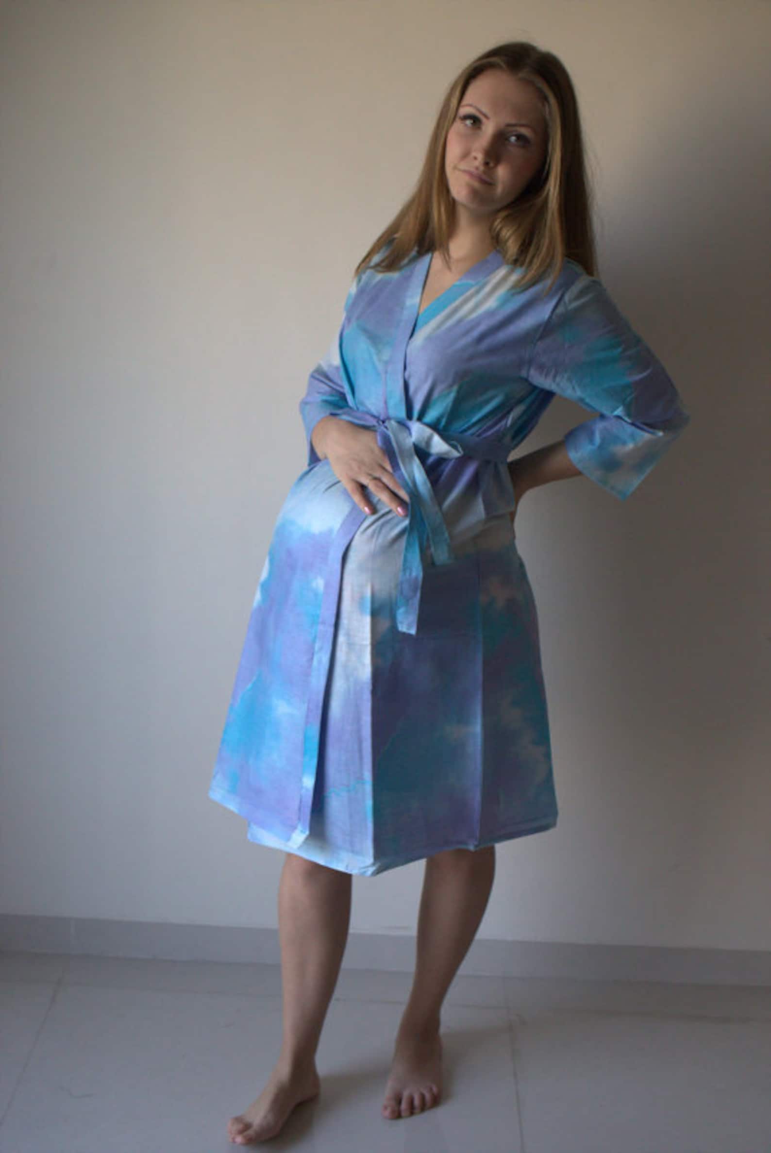White Blue Watercolor Maternity Robe Hospital Gown Delivery Etsy