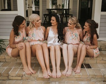 Blush Halter Style Rompers By Silkandmore - Dreamy Angel Song pattern - Bridesmaids Gifts, Bridesmaids Rompers, Bridal Party Rompers