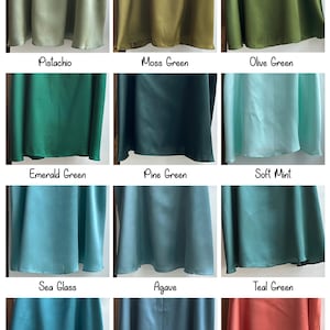 May include: A satin colour chart showing fabric swatches in a range of colours. The chart includes shades such as Pistachio, Moss Green, Olive Green, Emerald Green, Pine Green, Soft Mint, Sea Glass, Agave, Teal Green, Teal Blue, Bermuda, and Terracotta.