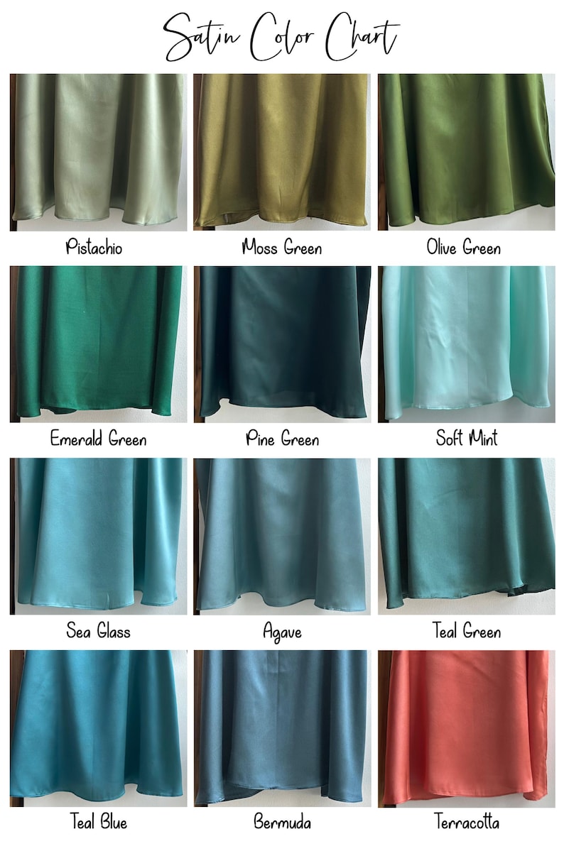 May include: A satin colour chart showing fabric swatches in a range of colours. The chart includes shades such as Pistachio, Moss Green, Olive Green, Emerald Green, Pine Green, Soft Mint, Sea Glass, Agave, Teal Green, Teal Blue, Bermuda, and Terracotta.