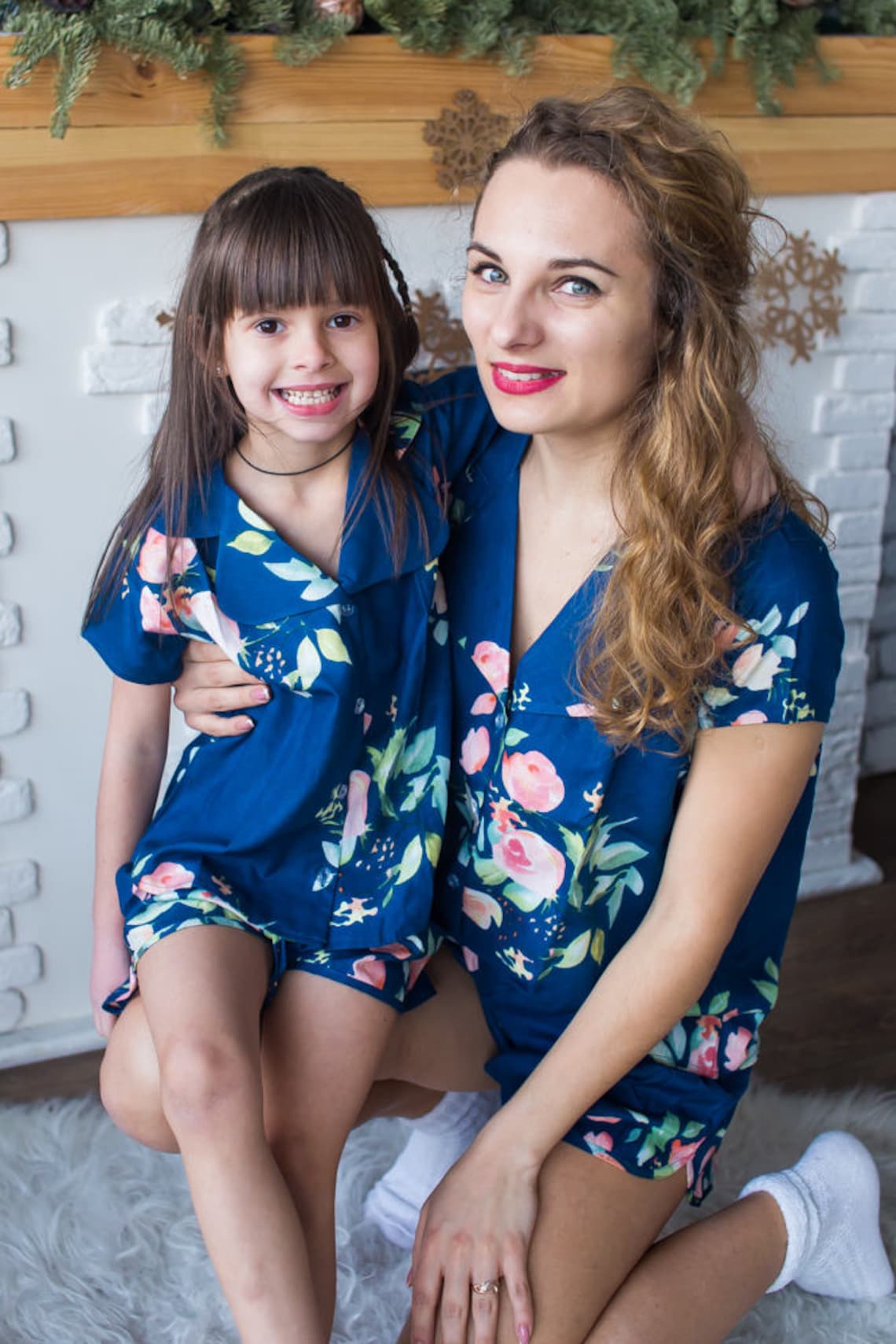 Matching Pjs Navy Blue Baby Mommy Mom and Me Pajamas Floral Etsy