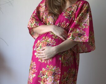 Magenta Floral Buttoned Empire Waist Dress Butterfly Sleeve Maternity Kaftan Maxi Pregnancy friendly Maternity Maxis Nursing Caftan