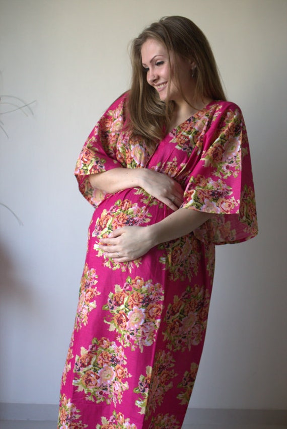 Magenta Floral Buttoned Empire Waist Dress Butterfly Sleeve Maternity Kaftan Maxi Pregnancy Friendly Maternity Maxis Nursing Caftan