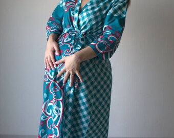 Teal Plaid Floral Ankle length Maternity Robe Hospital Gown Labor gown Delivery gown nursing mothers to be moms Pregnancy r