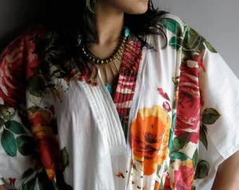 White Floral Kaftan Dress - Perfect for outings, lounges, Vintage look Kaftan, beaches, spa robes, to be mums, gift for her