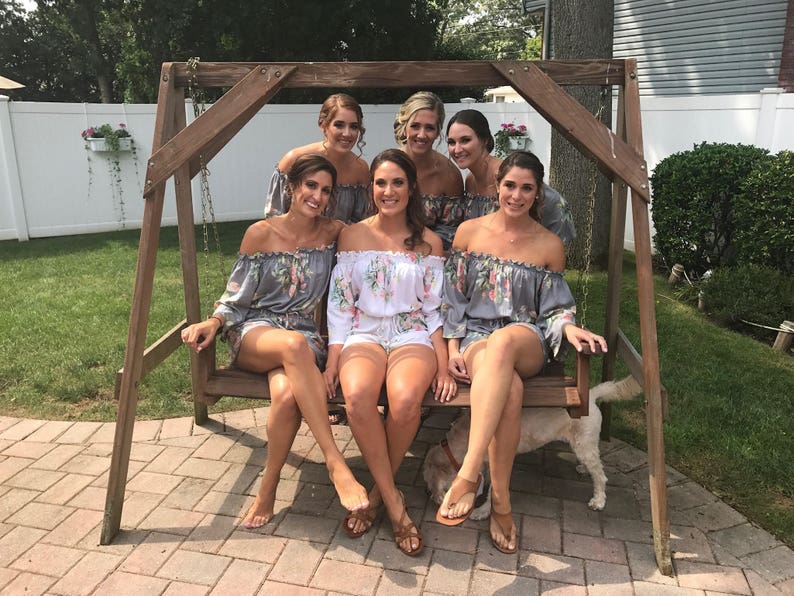 Gray Off the shoulder Rompers By Silkandmore Dreamy Angel Song pattern Bridesmaids Gifts, Bridesmaids Rompers, Bridal Party Rompers image 2