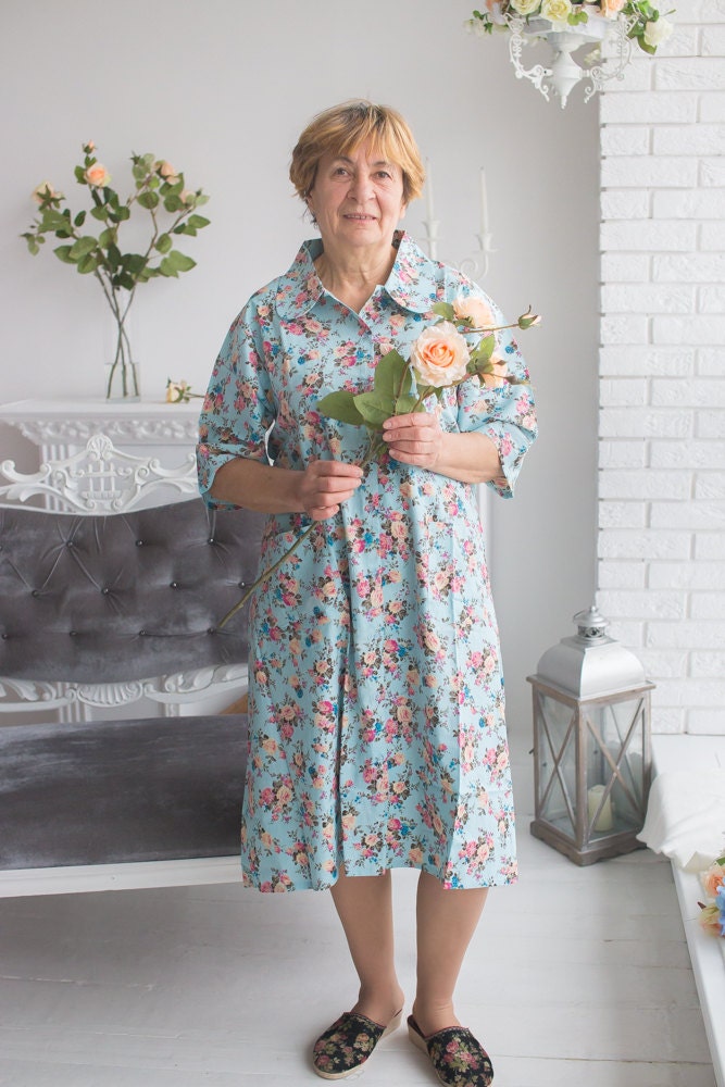 Button front Collared Housecoat for Elderly People Vintage Chic Floral Pattern Comfortable House Dress Etsy