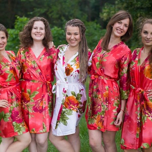 Coral Large Floral Blossom Silk Bridesmaids robes | Kimono Style getting ready robes, Satin Robes, Gifts, Bridesmaid Robes, Silky Robes