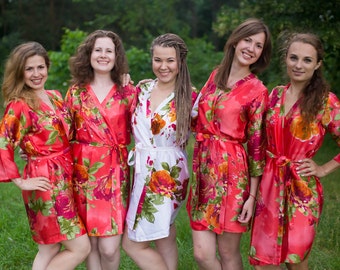 Coral Large Floral Blossom Silk Bridesmaids robes | Kimono Style getting ready robes, Satin Robes, Gifts, Bridesmaid Robes, Silky Robes