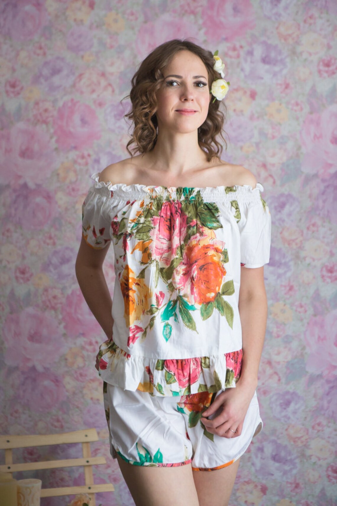 Offshoulder Style Pj Sets in Large Floral Blossom Pattern Etsy