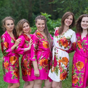Magenta Large Floral Blossom Silk Bridesmaids robes | Kimono Style getting ready robes, Satin Robes, Gifts, Bridesmaid Robes, Silky Robes