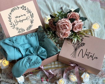 Boho Botanical Themed Personalized Bridesmaid Proposal Box or Thank you Gift Box with Ruffle Robes or Pjs, Will You Be My Bridesmaid Box