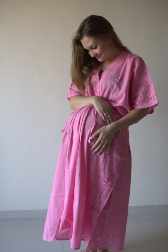 Pink Eyelet Buttoned Hospital Gown Delivery Kaftan Perfect as