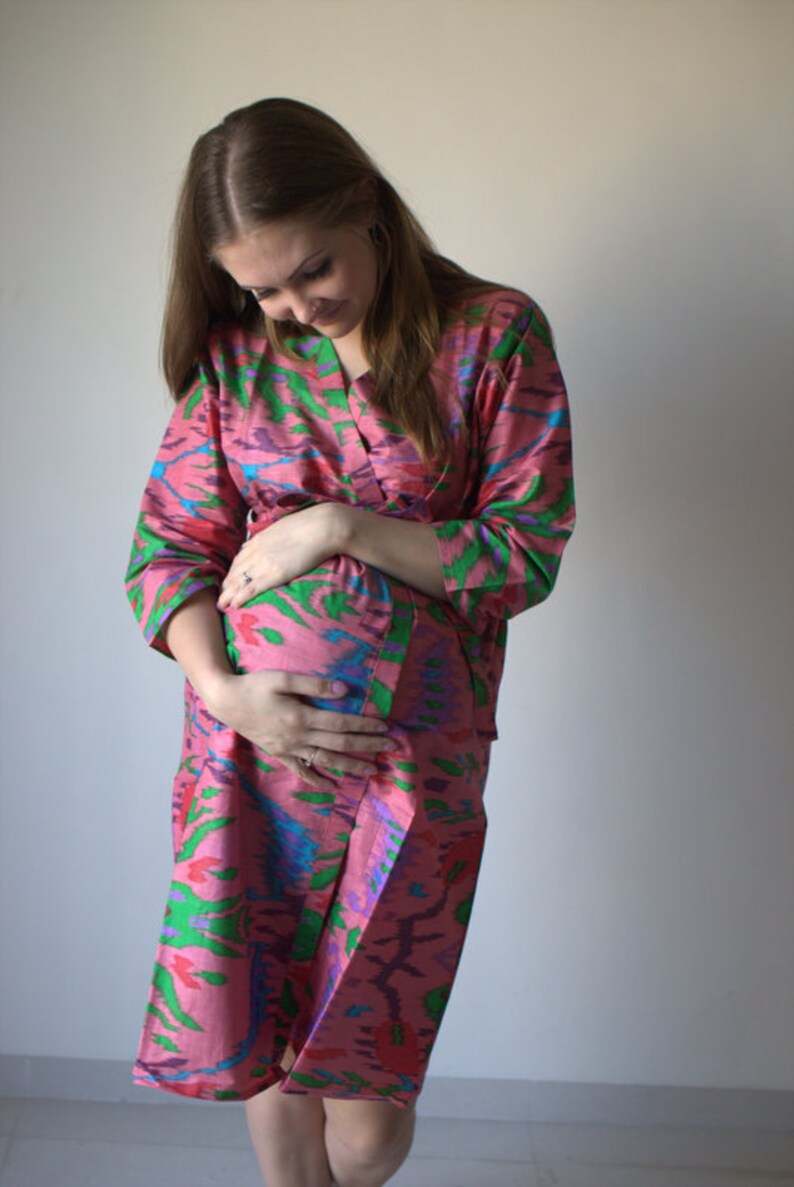Coral Ikat Aztec Maternity Robe Hospital Gown Delivery Robe Etsy