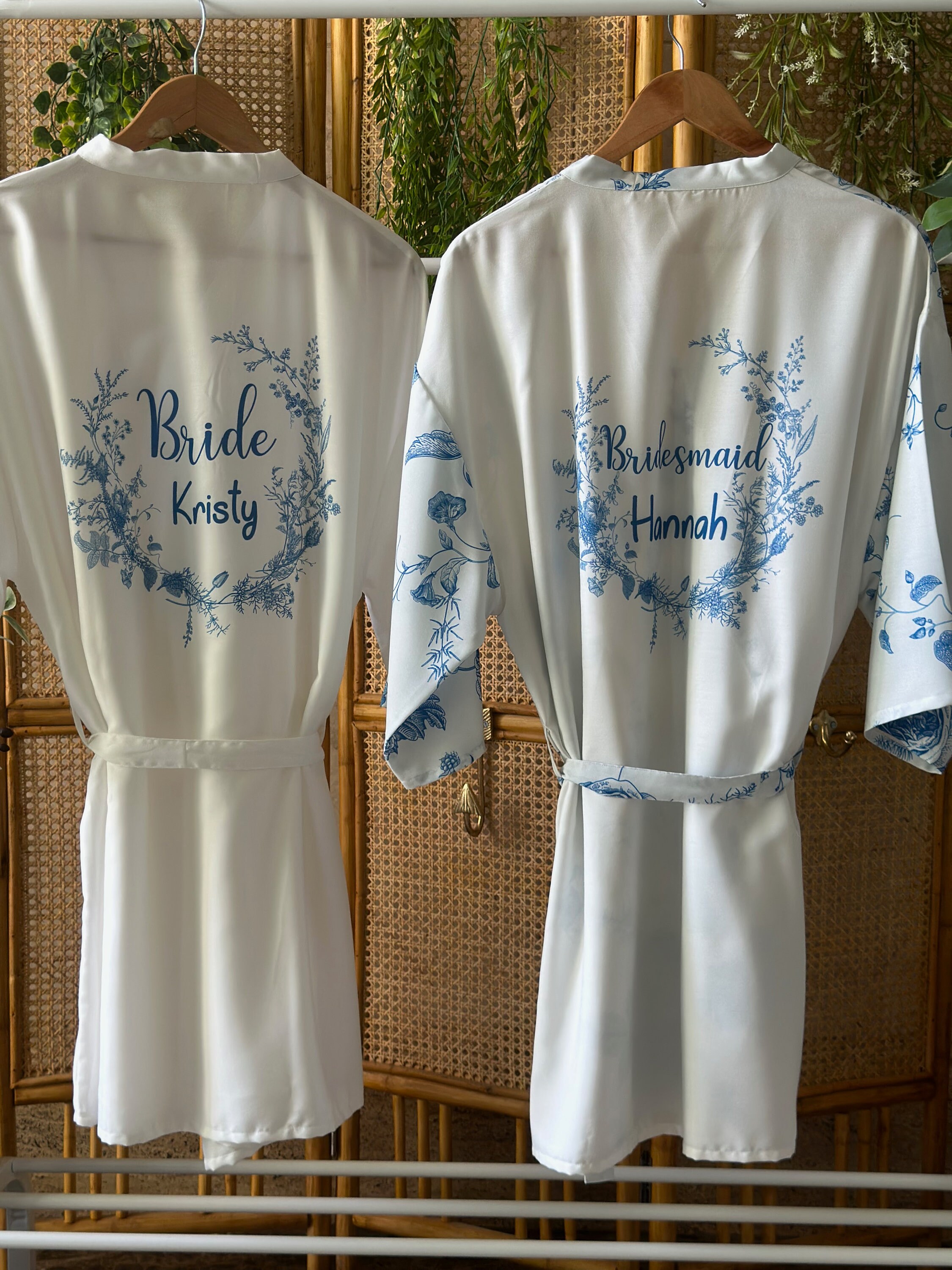 Chinoiserie Dual Design Bridesmaid Robes with Front and Back Design - Front with White Blue Design and personalised Wreath on the Back Chinoiserie Dual Design Bridesmaid Robes with Front and Back Design - Front with White Blue Design and personalised Wreath on the Back