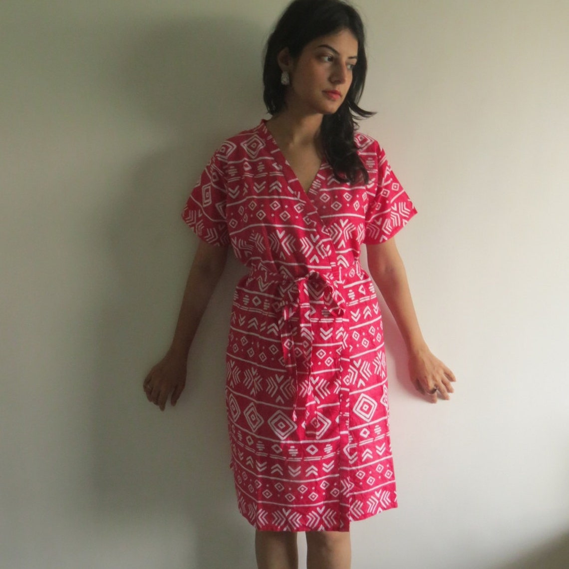 Short Sleeved Kimono Robe Red Aztec Tribal Crossover Knee Length Robe ...