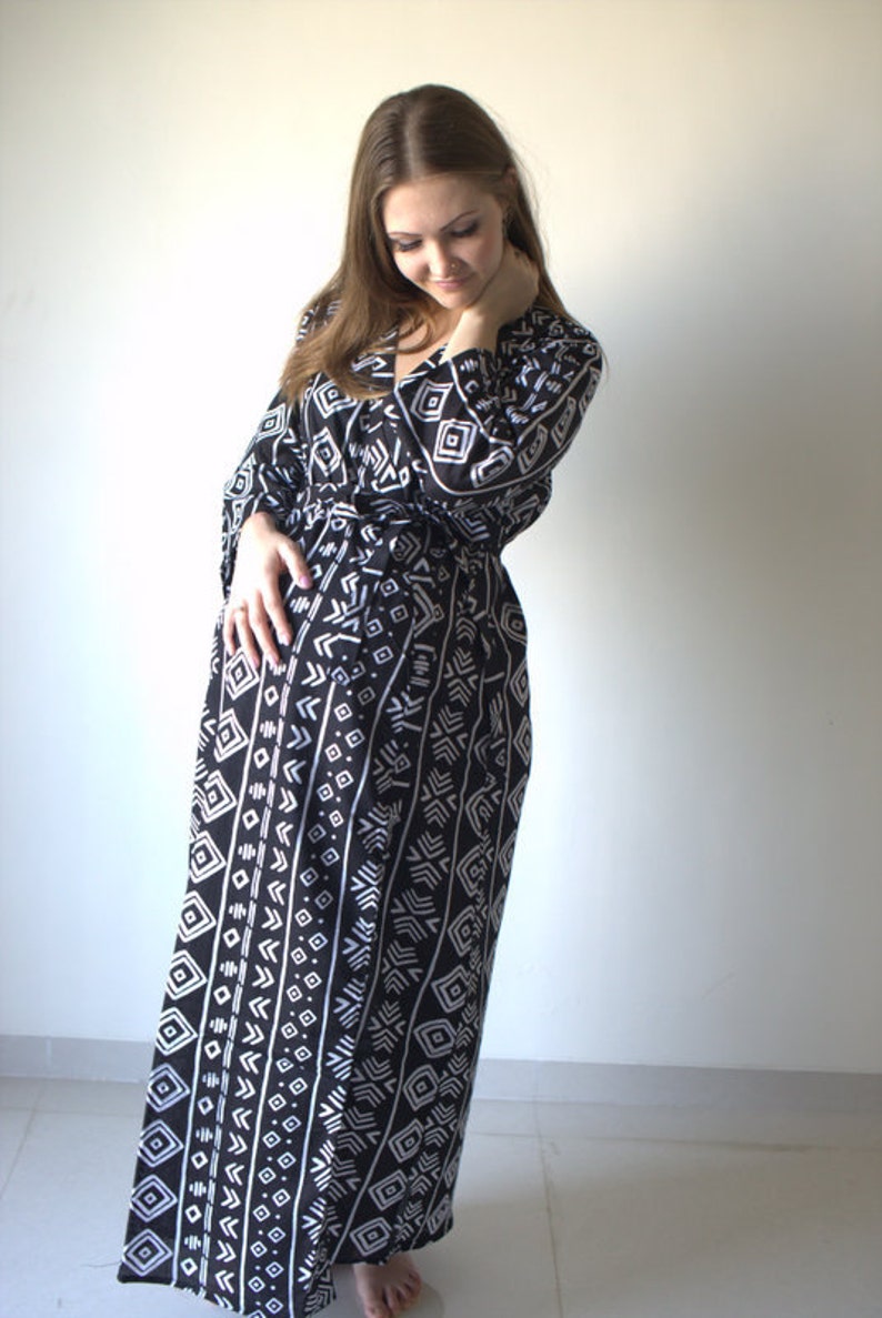 Black Aztec Ankle Length Maternity Robe Hospital Gown Labor Gown ...