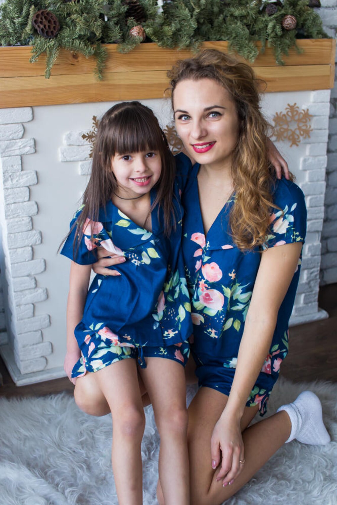 Matching Pjs Navy Blue Baby Mommy Mom and Me Pajamas Floral Etsy