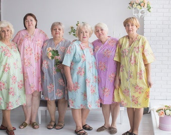 Zip in Front Housecoats for Elderly People - Faded Flowers Pattern